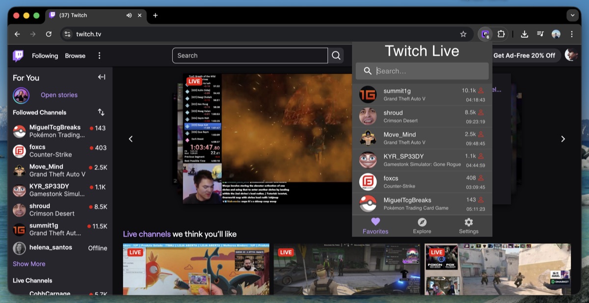 Twitch Live Extension browser interface showing live streamers