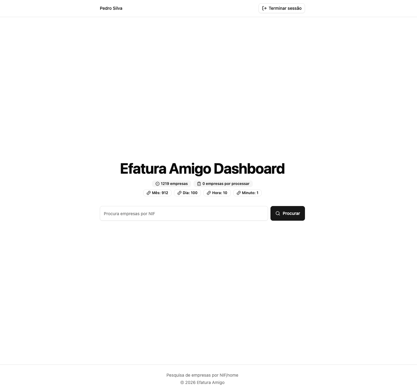 Efatura Amigo Dashboard showing a table of saved companies