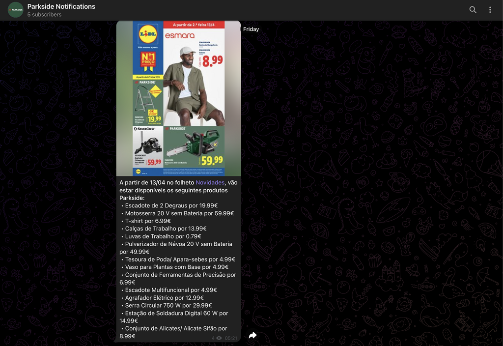 A Telegram bot that scrapes the Portuguese Lidl website to check for availability of Parkside products